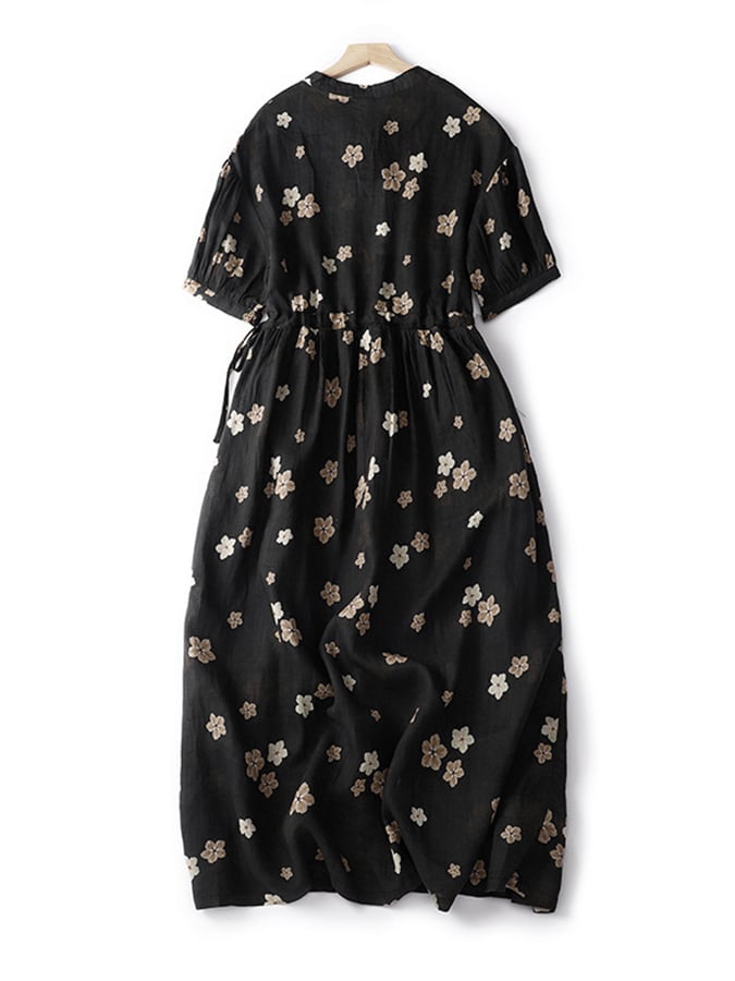 Cotton And Linen Half Open Collar Floral Lace Up Dress