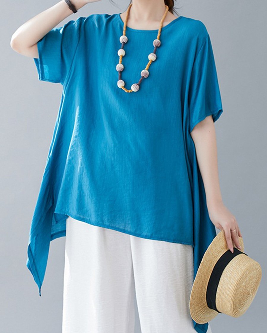 Cotton And Linen Irregular Round Neck Loose Casual Top