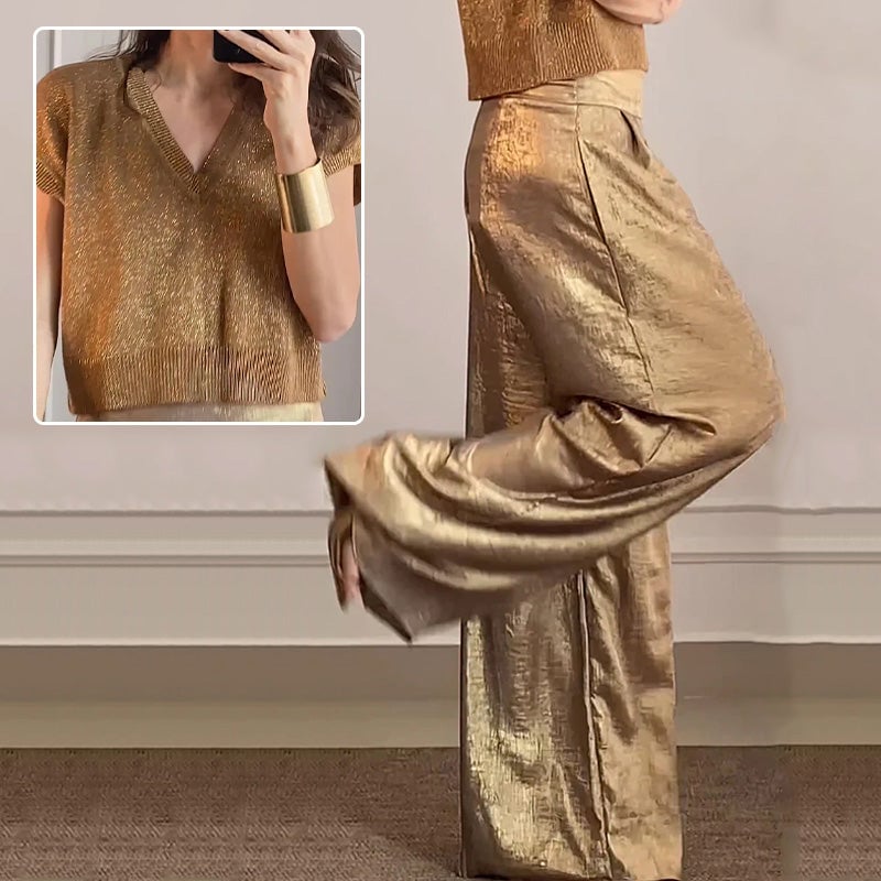 Casual Short-Sleeve Top & Wide-Leg Pants Two-Piece Suit
