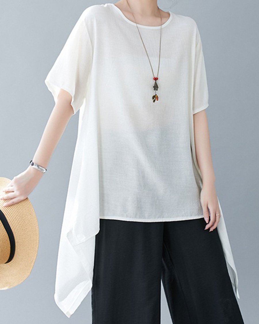 Cotton And Linen Irregular Round Neck Loose Casual Top