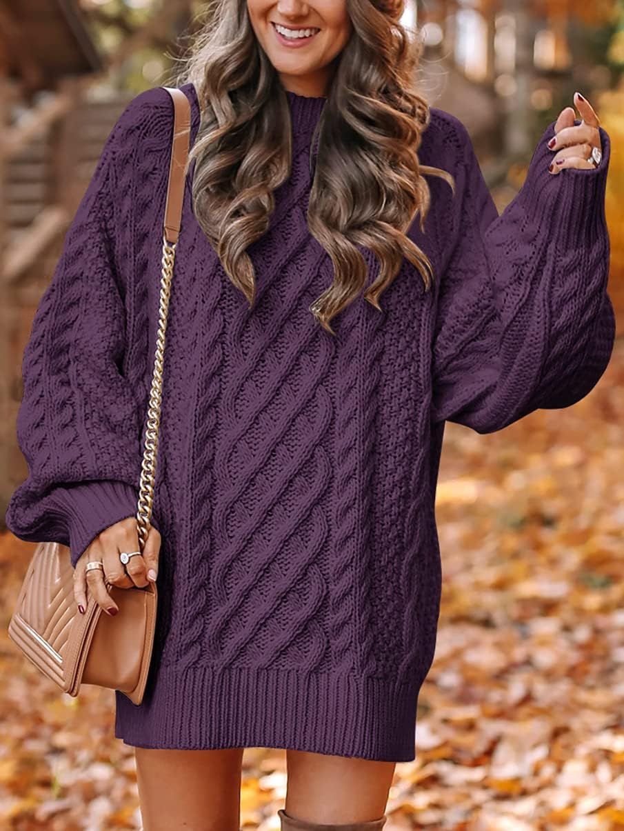 ANRABESS Women Long Sleeve Oversized Cable Knit Chunky Baggy Loose Pullover Tunic Mini Sweater Dress 2024 Trendy Fall Outfits