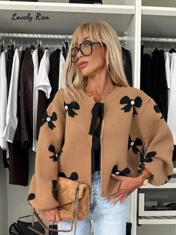 🔥🔥🔥Bow Lace Up Knitted Women Sweater Preppy Hollow Out O-neck Long Sleeve Female Cardigan 2024 Autumn Print Patchwork Lady Knitwear