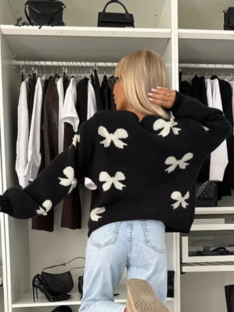 🔥🔥🔥Bow Lace Up Knitted Women Sweater Preppy Hollow Out O-neck Long Sleeve Female Cardigan 2024 Autumn Print Patchwork Lady Knitwear