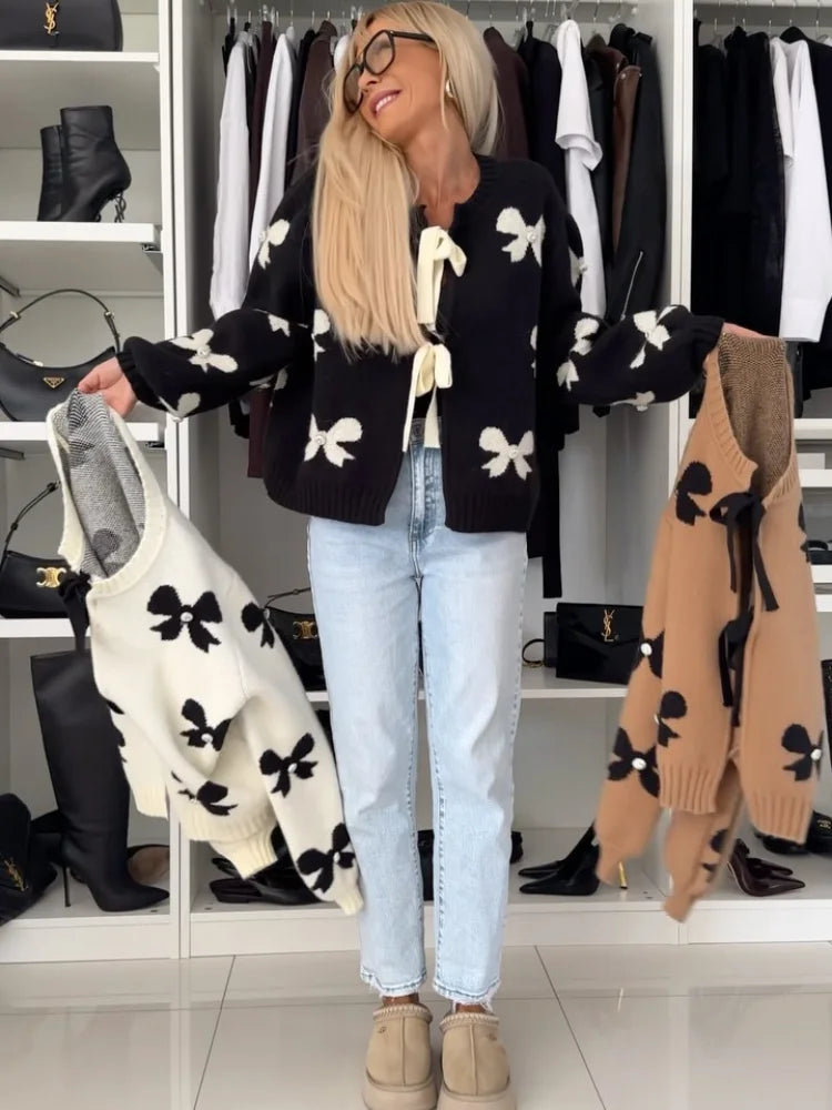 🔥🔥🔥Bow Lace Up Knitted Women Sweater Preppy Hollow Out O-neck Long Sleeve Female Cardigan 2024 Autumn Print Patchwork Lady Knitwear