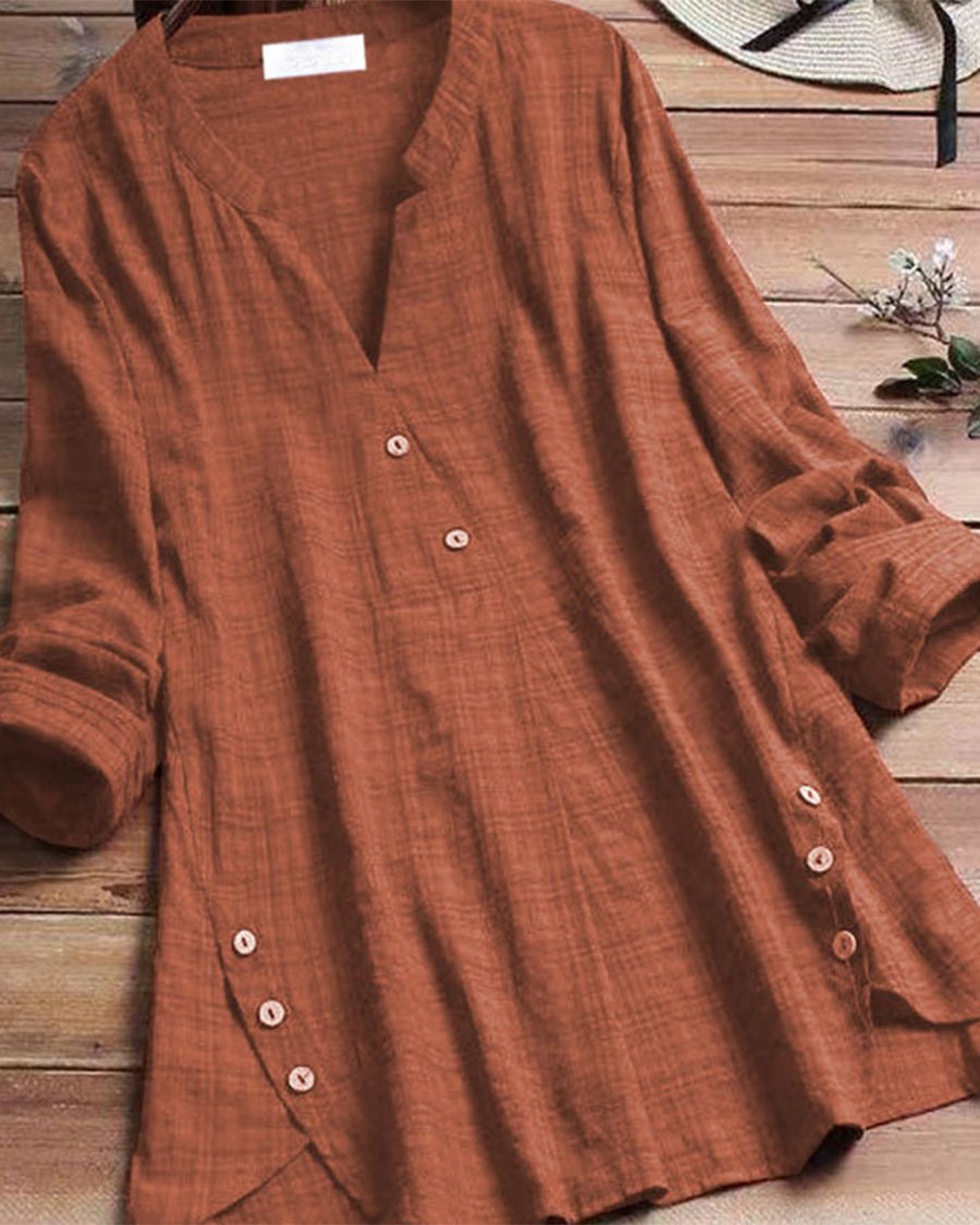 Cotton Linen Irregular Hem Button Decoration Dark Pattern V-neck Top