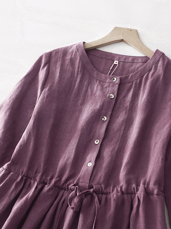 Cotton And Linen Medium Sleeved Artistic Retro Lace Up Dress