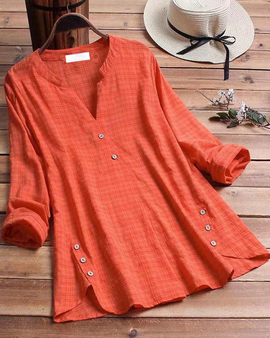 Cotton Linen Irregular Hem Button Decoration Dark Pattern V-neck Top