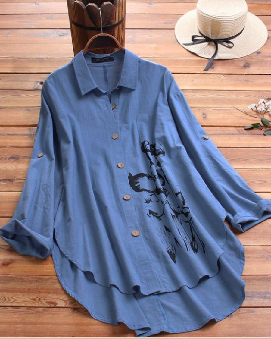 Cotton And Linen Irregular Printed Long-sleeved Lapel Shirt