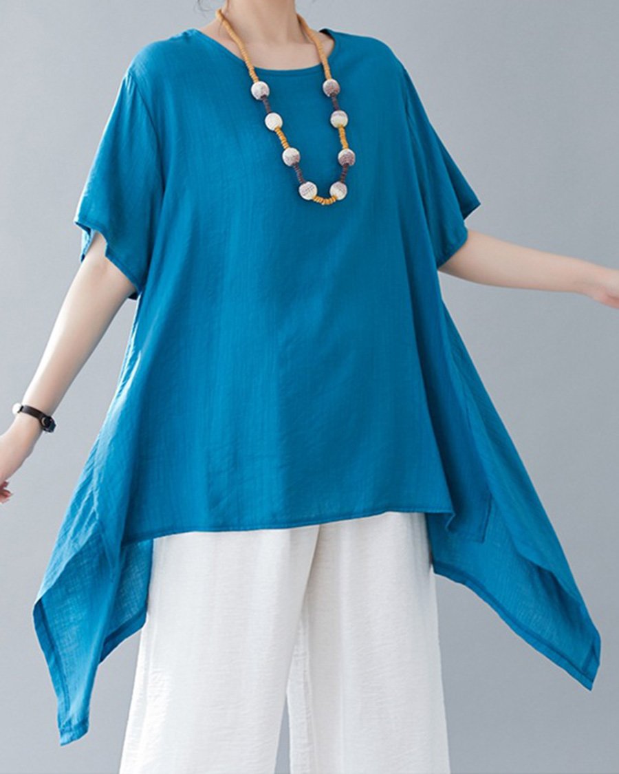 Cotton And Linen Irregular Round Neck Loose Casual Top