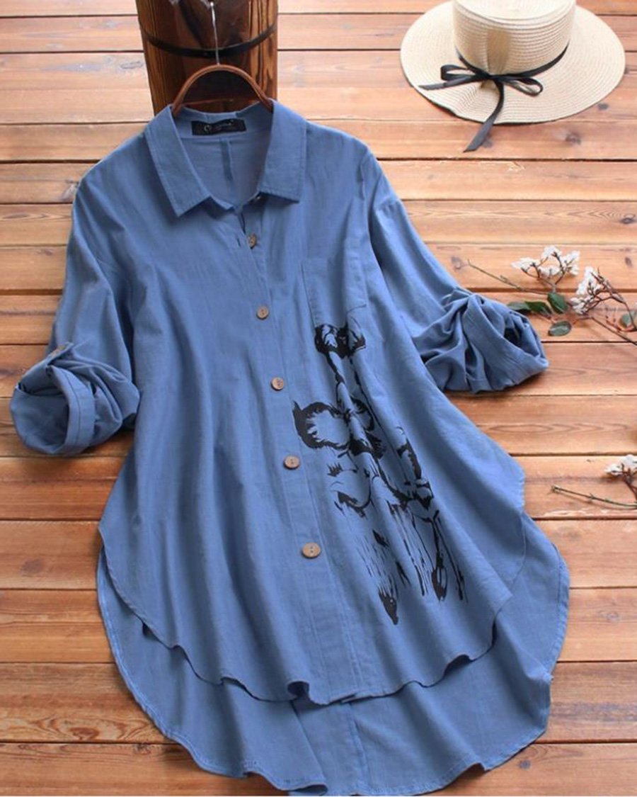 Cotton And Linen Irregular Printed Long-sleeved Lapel Shirt