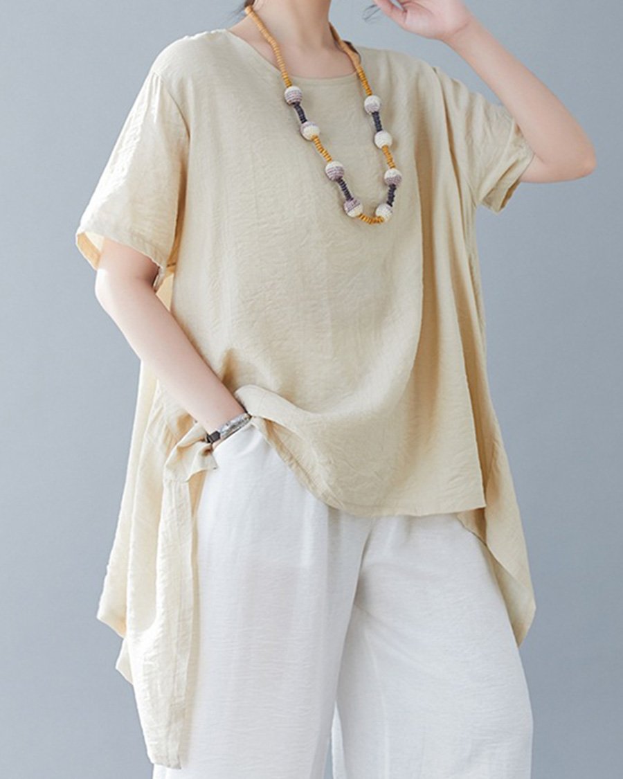 Cotton And Linen Irregular Round Neck Loose Casual Top