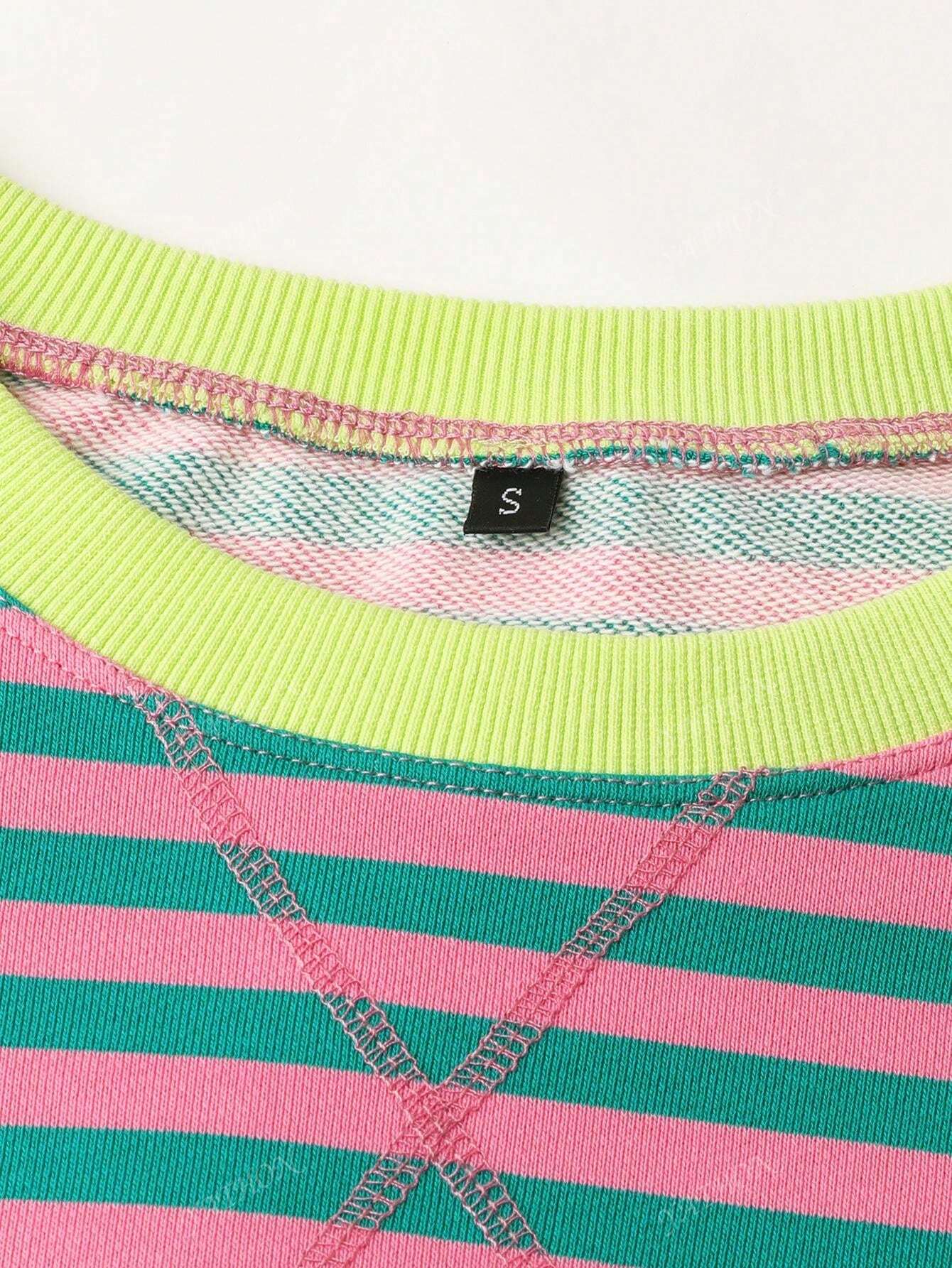 Casual New Striped & Floral Print Round Neck Loose Fit Pullover Sweatshirt