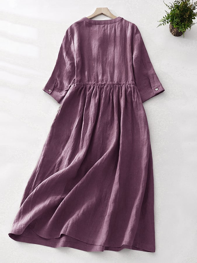 Cotton And Linen Medium Sleeved Artistic Retro Lace Up Dress