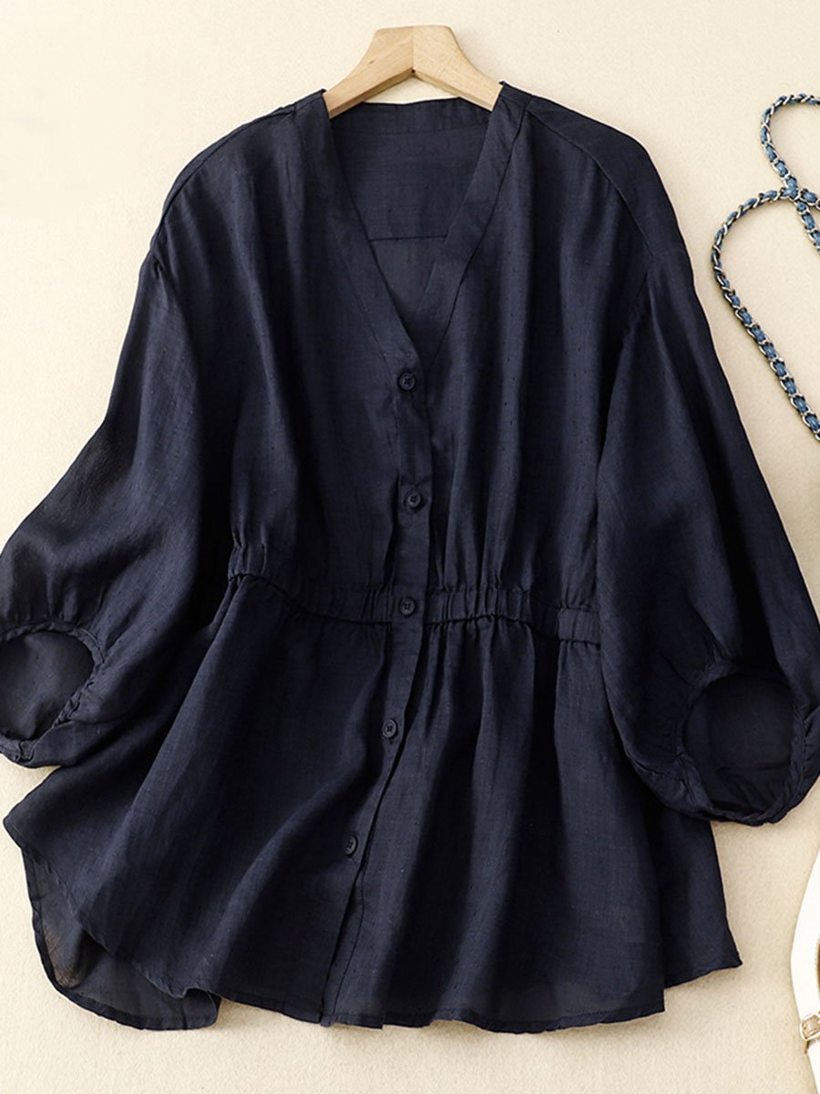 Cotton And Linen V-neck Waistband Lantern Sleeve Pullover Shirt