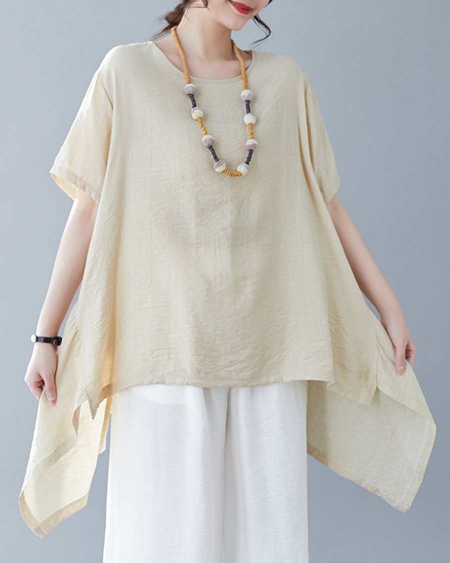 Cotton And Linen Irregular Round Neck Loose Casual Top