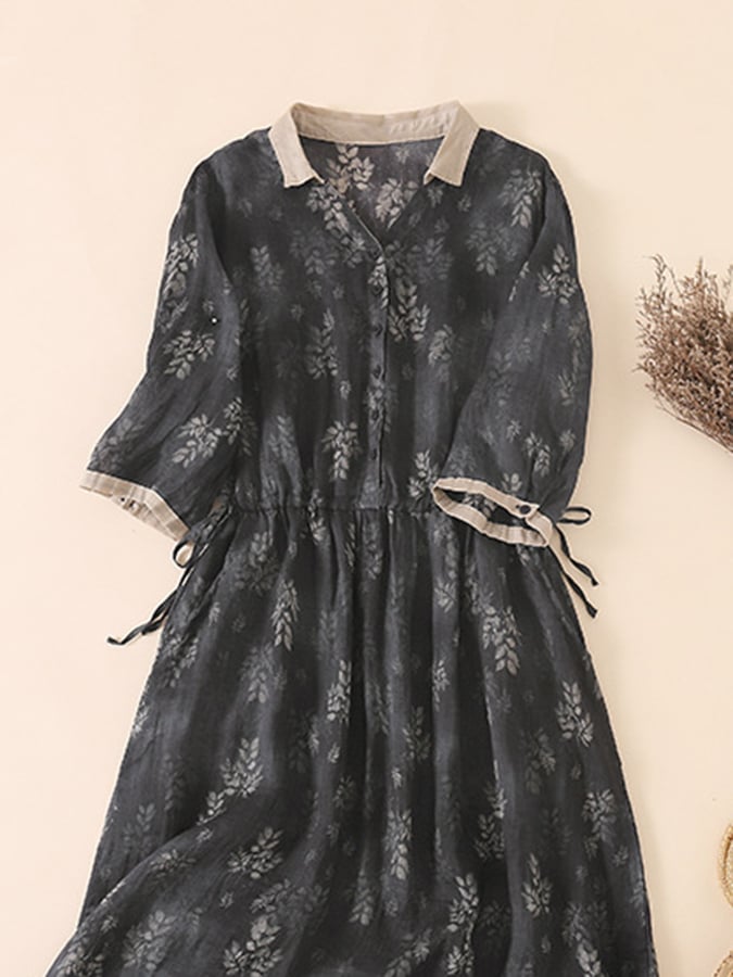 Cotton and Linen Floral Contrasting V-neck Dress