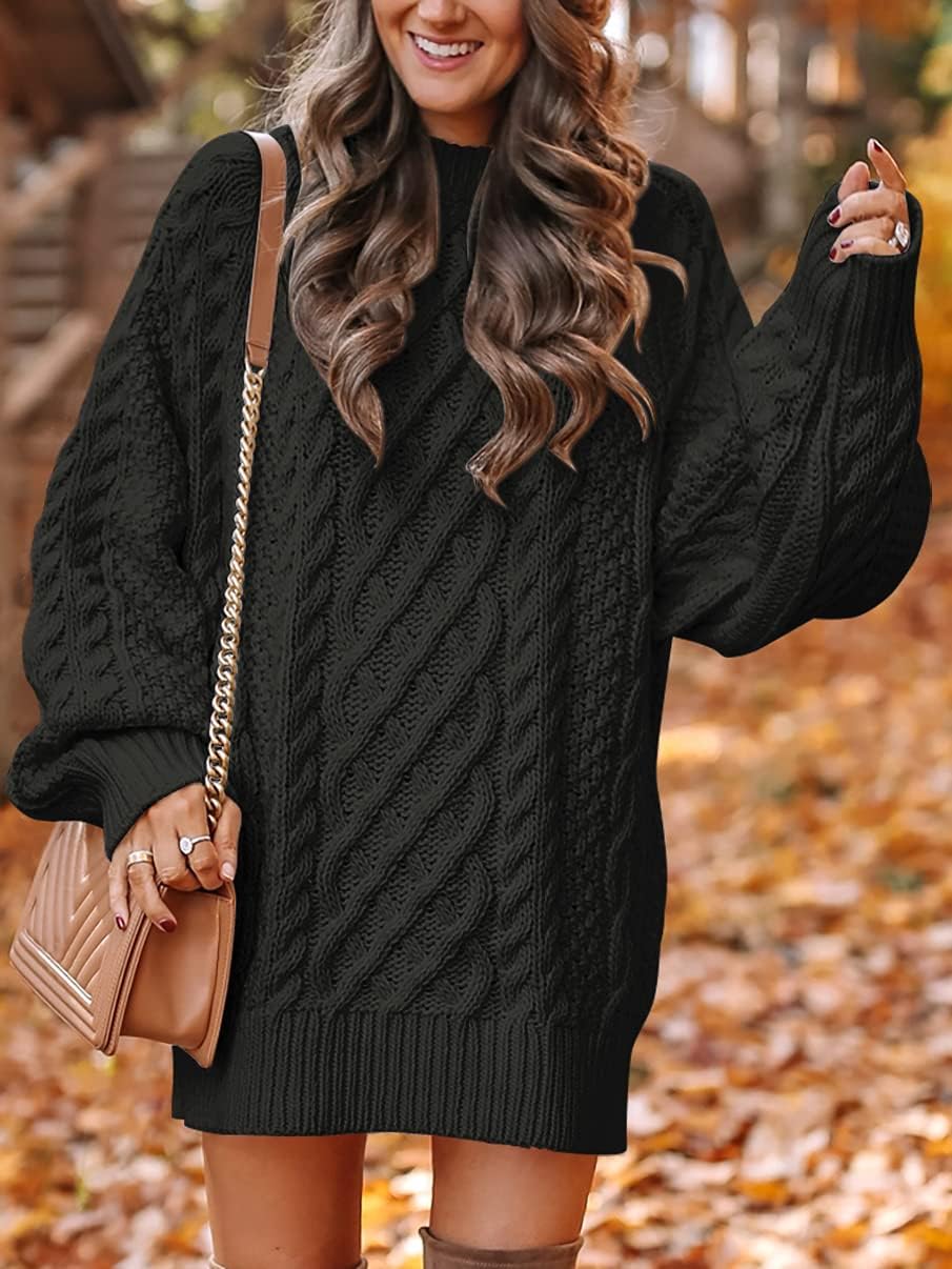 ANRABESS Women Long Sleeve Oversized Cable Knit Chunky Baggy Loose Pullover Tunic Mini Sweater Dress 2024 Trendy Fall Outfits