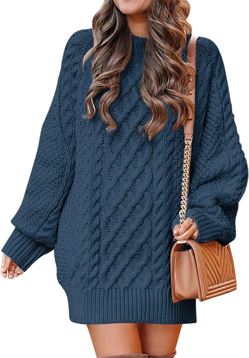 ANRABESS Women Long Sleeve Oversized Cable Knit Chunky Baggy Loose Pullover Tunic Mini Sweater Dress 2024 Trendy Fall Outfits