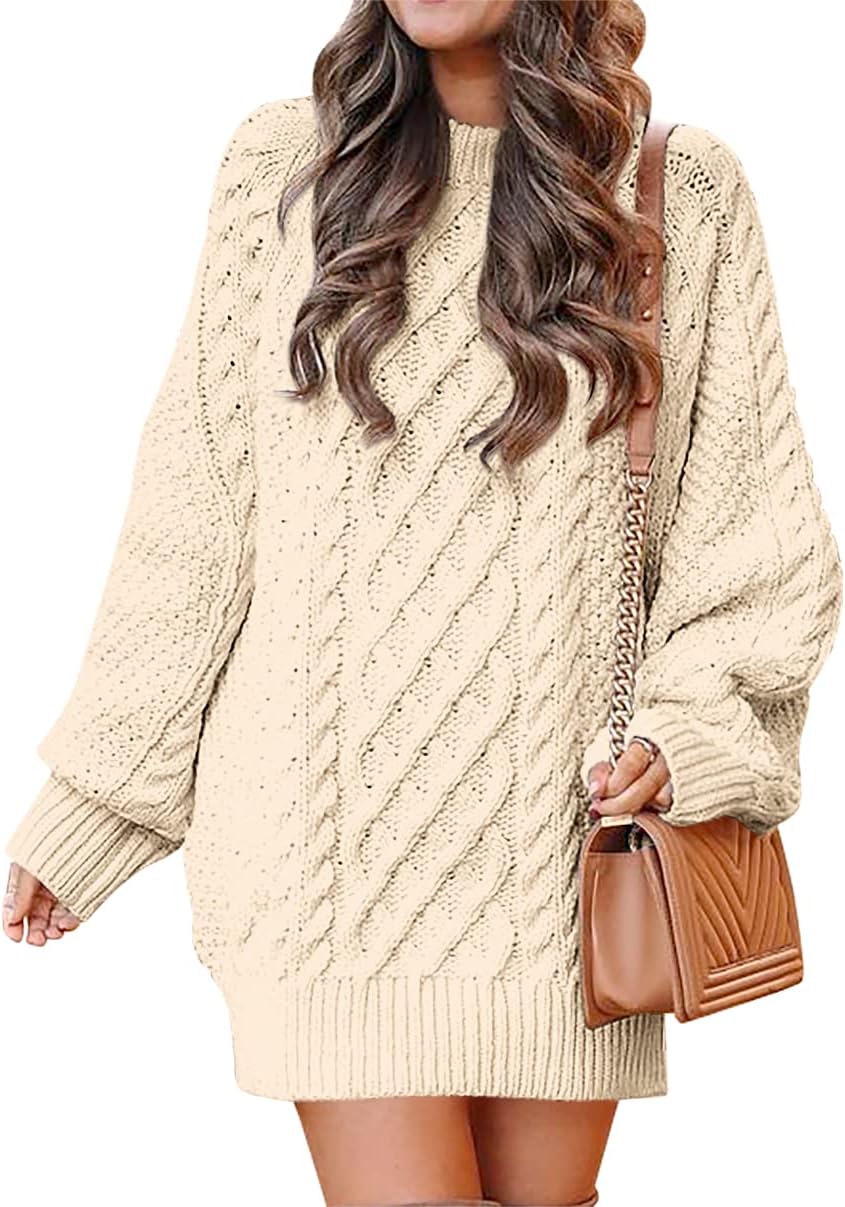 ANRABESS Women Long Sleeve Oversized Cable Knit Chunky Baggy Loose Pullover Tunic Mini Sweater Dress 2024 Trendy Fall Outfits