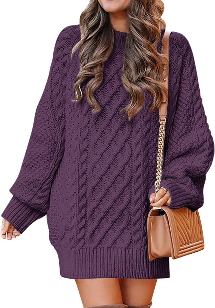 ANRABESS Women Long Sleeve Oversized Cable Knit Chunky Baggy Loose Pullover Tunic Mini Sweater Dress 2024 Trendy Fall Outfits