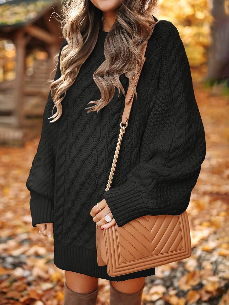 ANRABESS Women Long Sleeve Oversized Cable Knit Chunky Baggy Loose Pullover Tunic Mini Sweater Dress 2024 Trendy Fall Outfits
