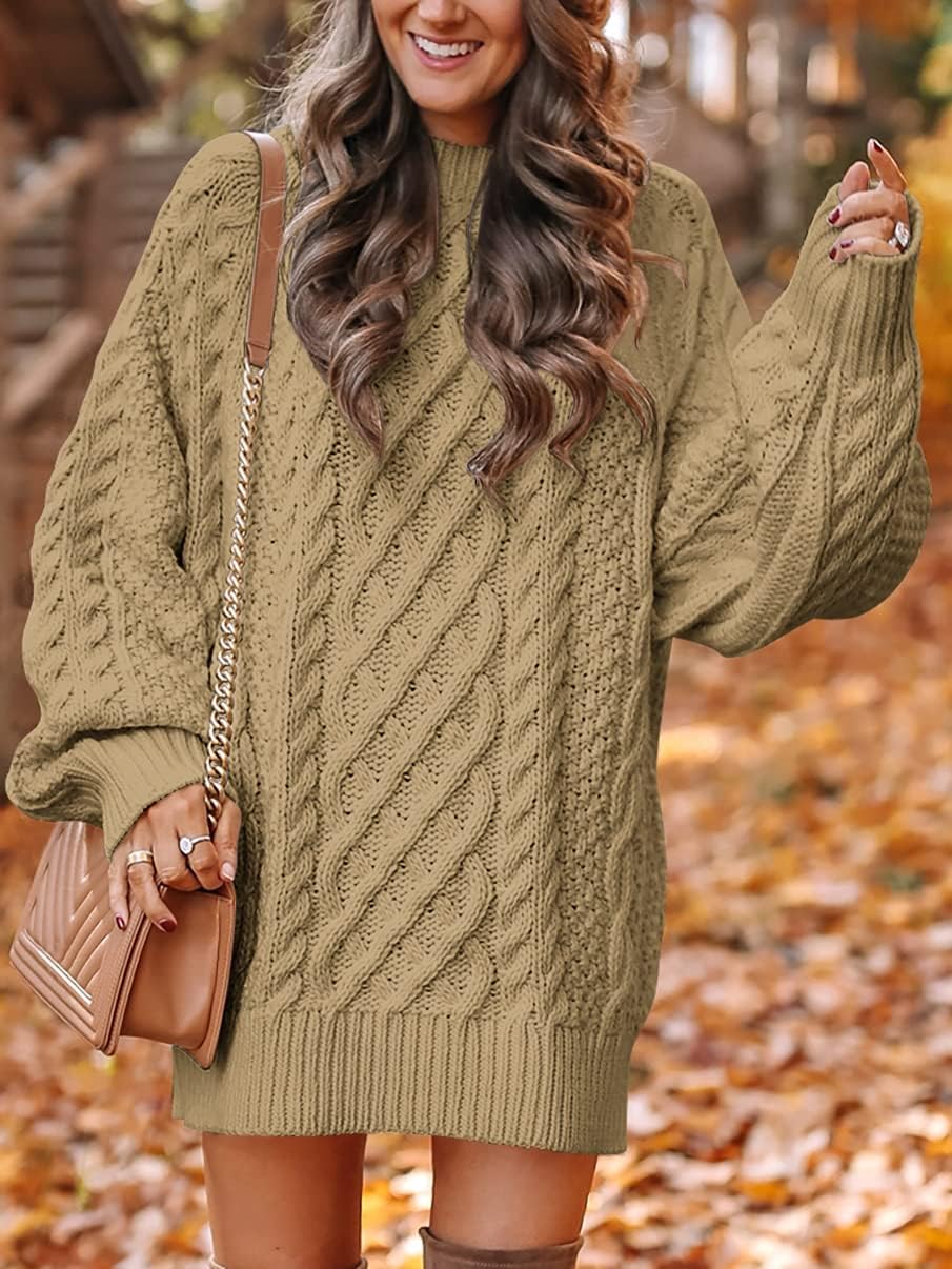 ANRABESS Women Long Sleeve Oversized Cable Knit Chunky Baggy Loose Pullover Tunic Mini Sweater Dress 2024 Trendy Fall Outfits