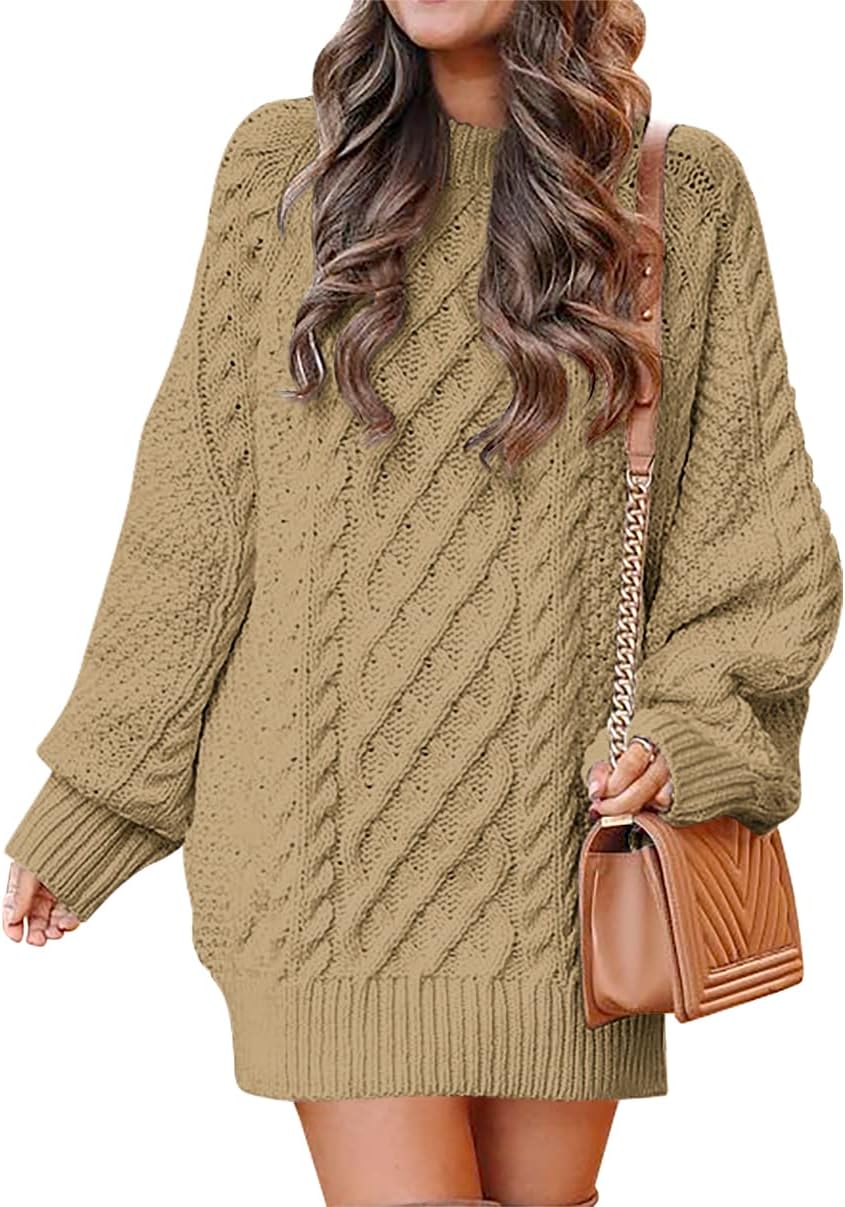 ANRABESS Women Long Sleeve Oversized Cable Knit Chunky Baggy Loose Pullover Tunic Mini Sweater Dress 2024 Trendy Fall Outfits
