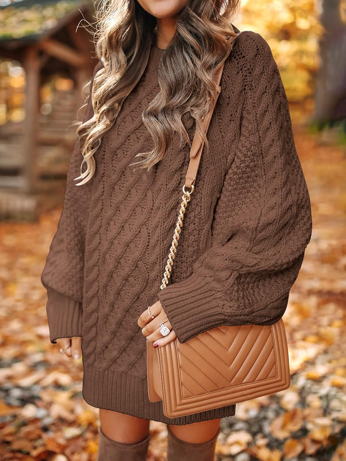 ANRABESS Women Long Sleeve Oversized Cable Knit Chunky Baggy Loose Pullover Tunic Mini Sweater Dress 2024 Trendy Fall Outfits