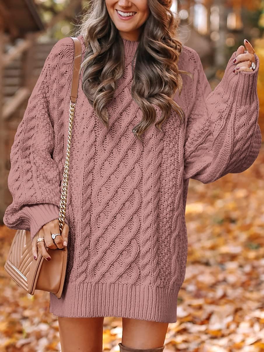 ANRABESS Women Long Sleeve Oversized Cable Knit Chunky Baggy Loose Pullover Tunic Mini Sweater Dress 2024 Trendy Fall Outfits