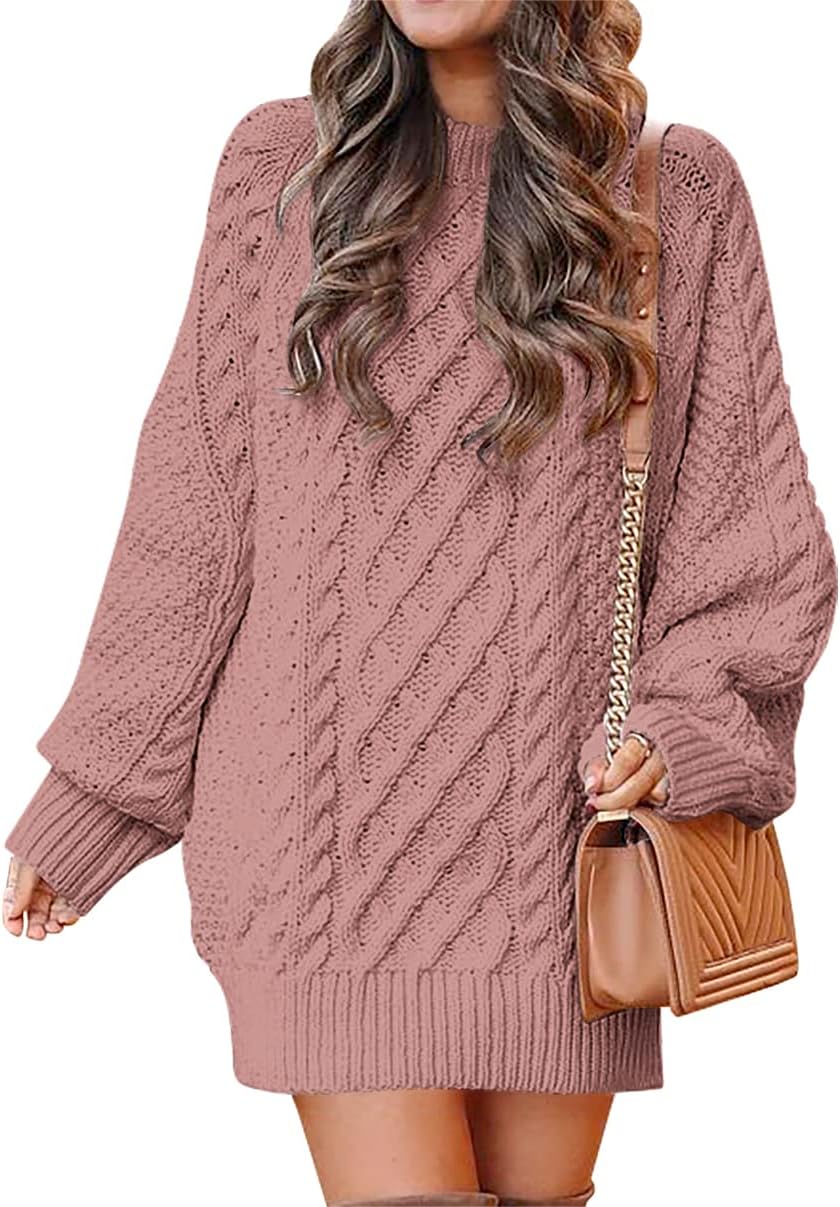 ANRABESS Women Long Sleeve Oversized Cable Knit Chunky Baggy Loose Pullover Tunic Mini Sweater Dress 2024 Trendy Fall Outfits