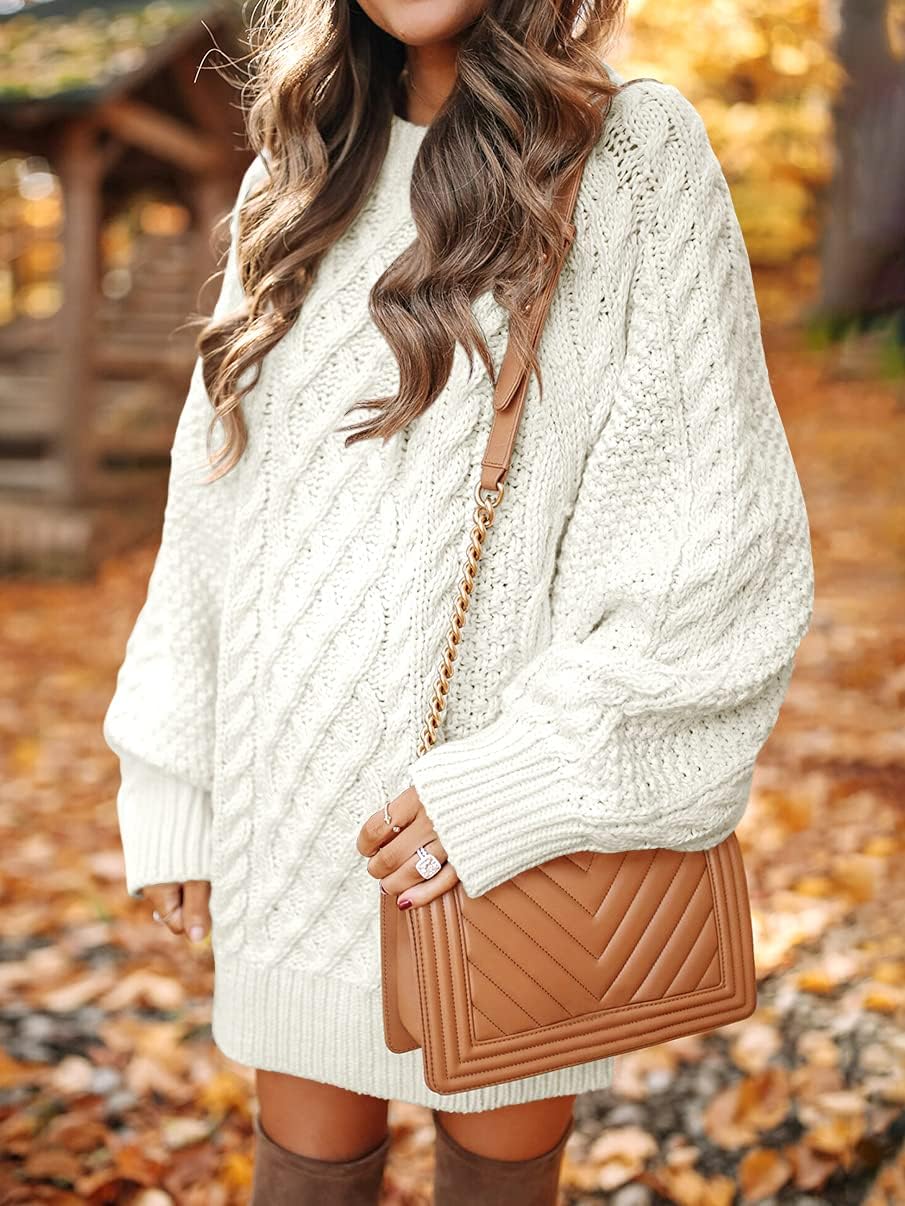 ANRABESS Women Long Sleeve Oversized Cable Knit Chunky Baggy Loose Pullover Tunic Mini Sweater Dress 2024 Trendy Fall Outfits