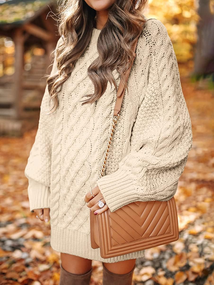 ANRABESS Women Long Sleeve Oversized Cable Knit Chunky Baggy Loose Pullover Tunic Mini Sweater Dress 2024 Trendy Fall Outfits