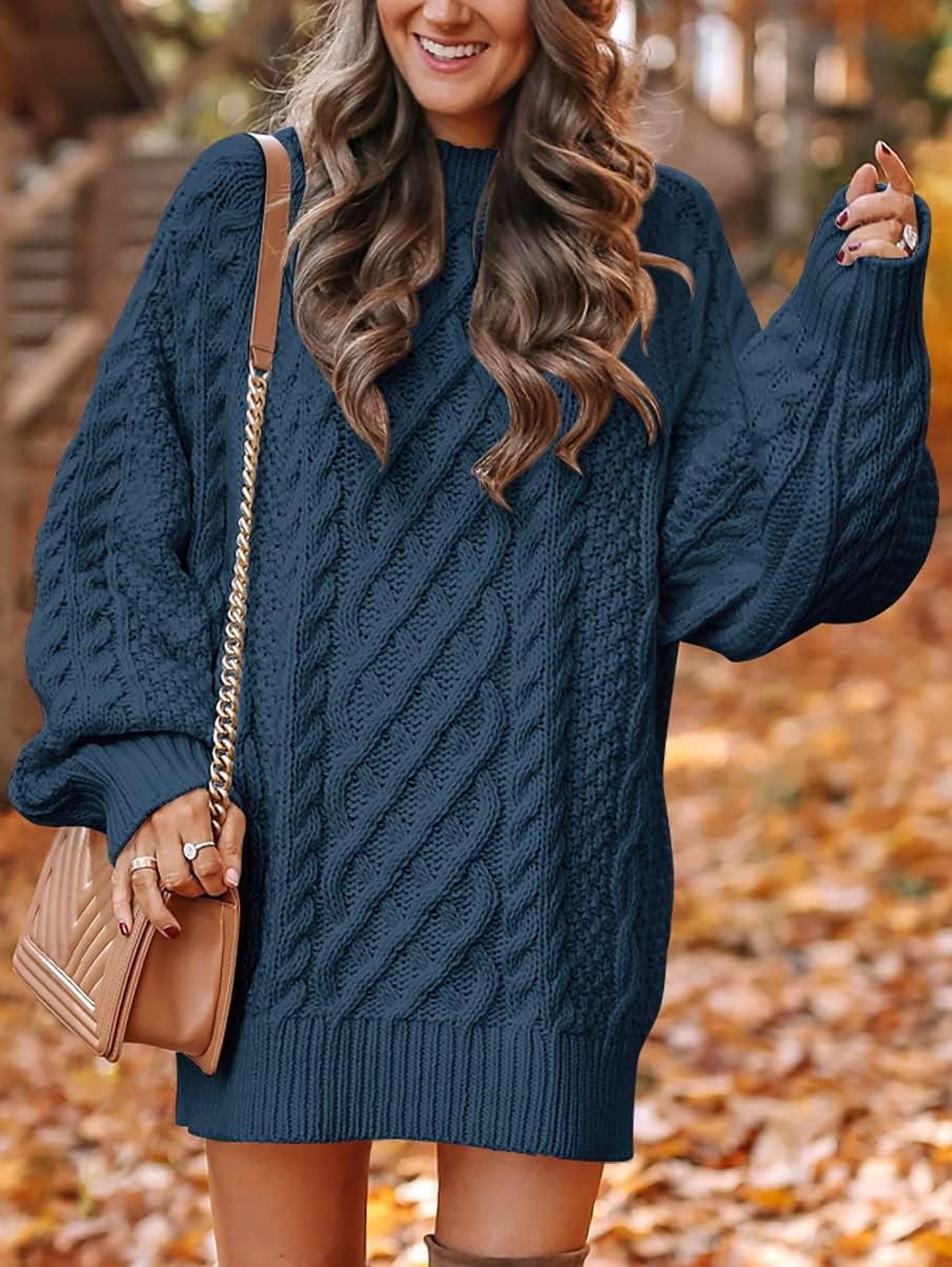 ANRABESS Women Long Sleeve Oversized Cable Knit Chunky Baggy Loose Pullover Tunic Mini Sweater Dress 2024 Trendy Fall Outfits