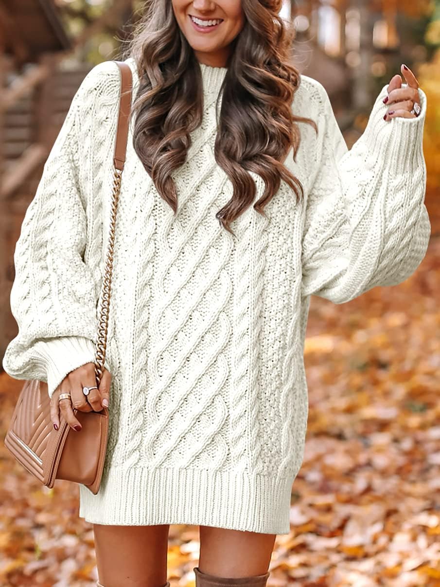 ANRABESS Women Long Sleeve Oversized Cable Knit Chunky Baggy Loose Pullover Tunic Mini Sweater Dress 2024 Trendy Fall Outfits