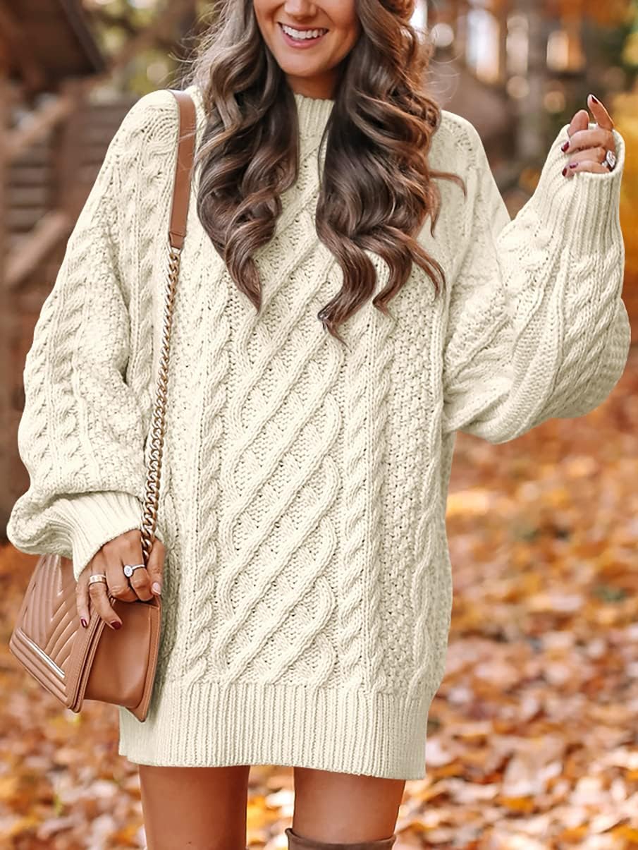 ANRABESS Women Long Sleeve Oversized Cable Knit Chunky Baggy Loose Pullover Tunic Mini Sweater Dress 2024 Trendy Fall Outfits