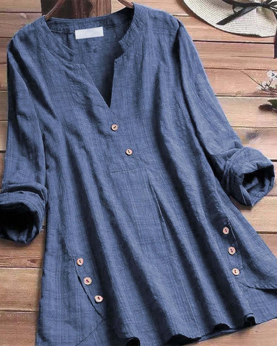 Cotton Linen Irregular Hem Button Decoration Dark Pattern V-neck Top