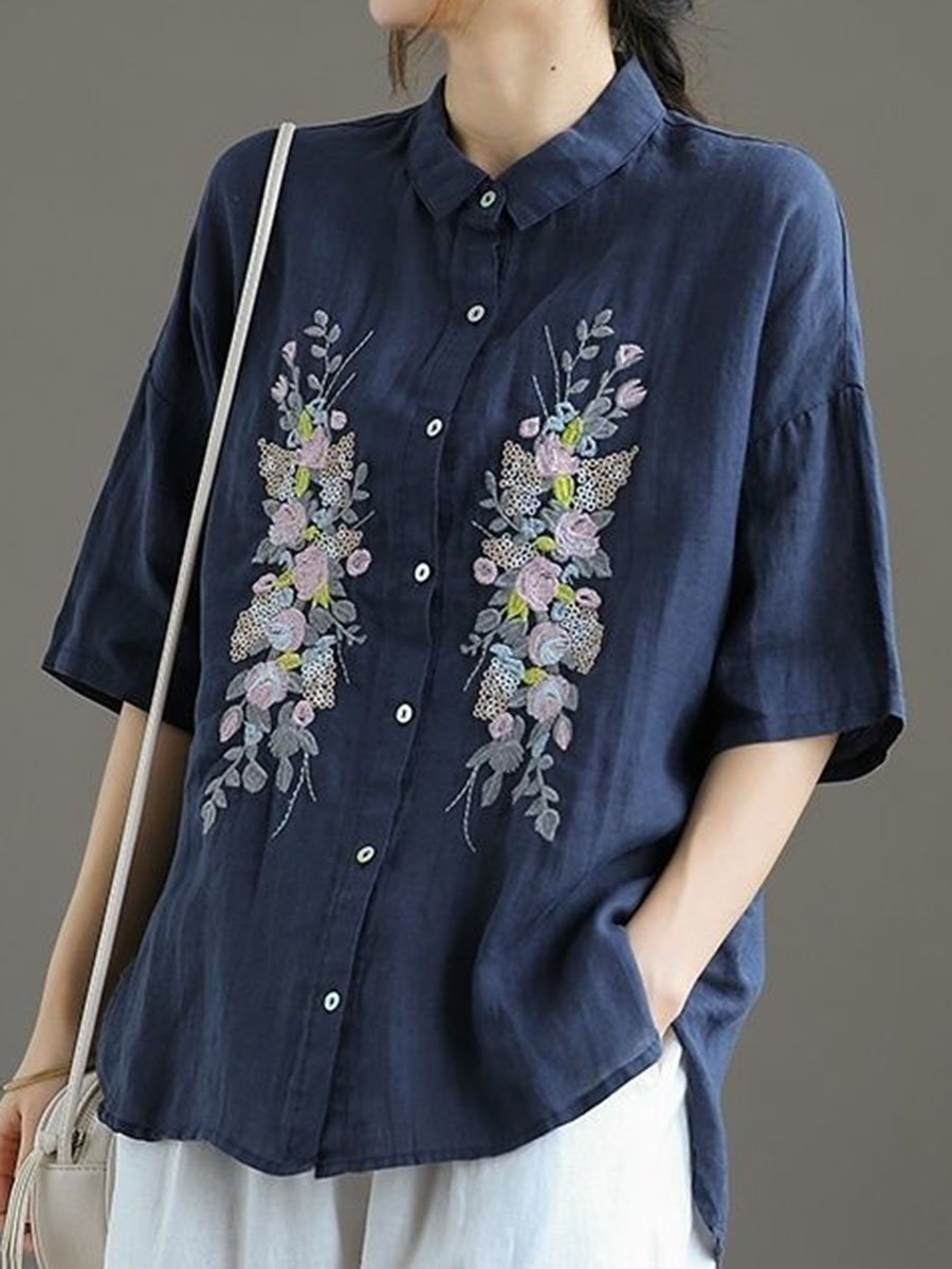 Cotton And Linen Art Retro Embroidered Top
