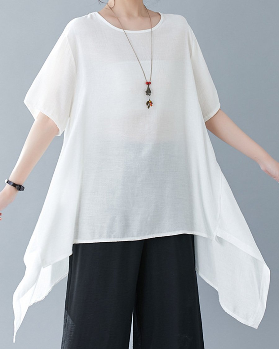 Cotton And Linen Irregular Round Neck Loose Casual Top