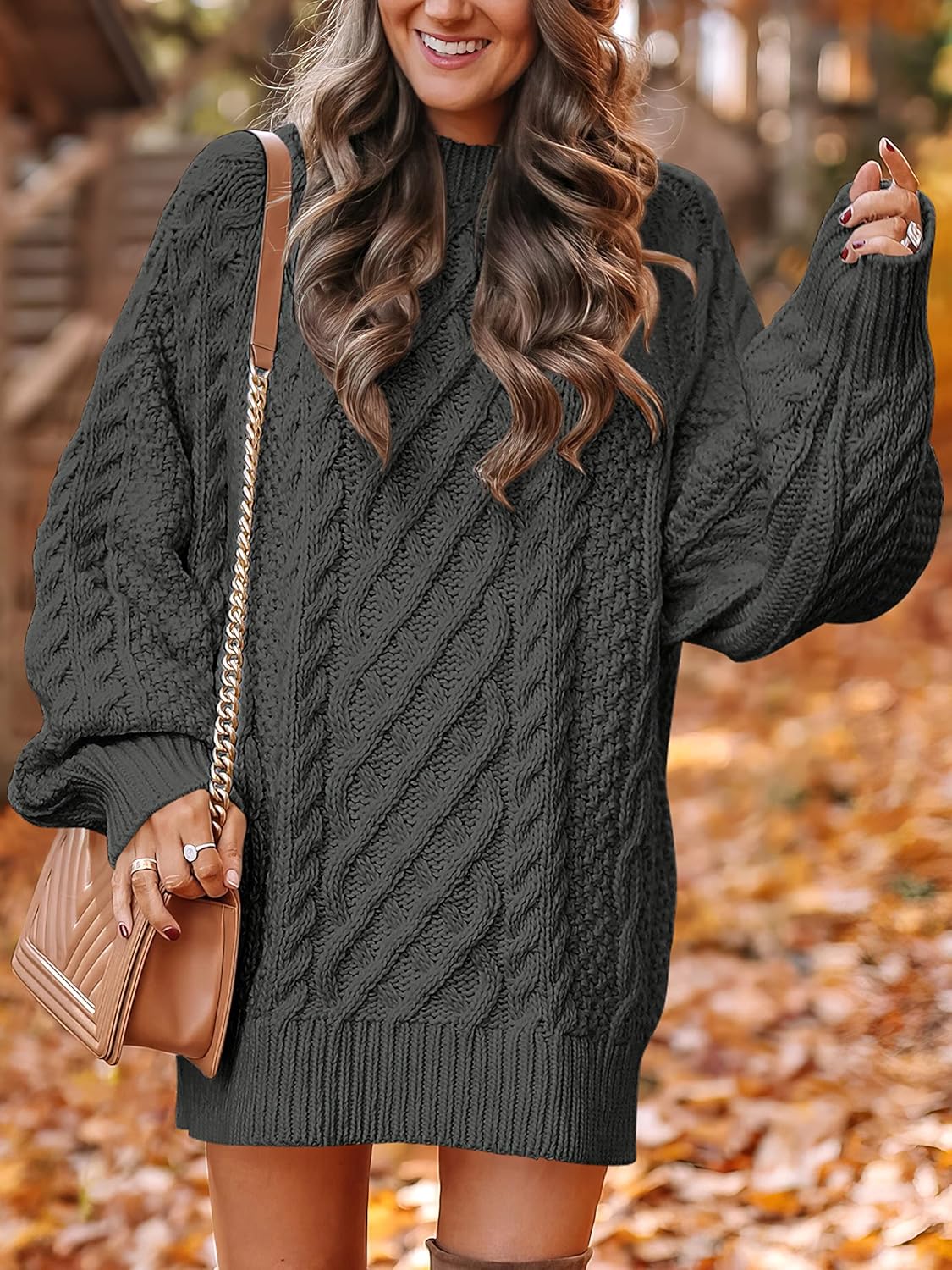 ANRABESS Women Long Sleeve Oversized Cable Knit Chunky Baggy Loose Pullover Tunic Mini Sweater Dress 2024 Trendy Fall Outfits