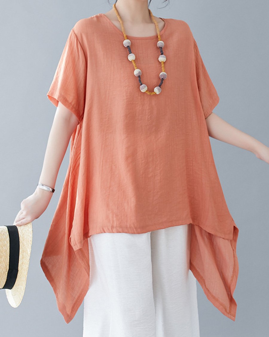 Cotton And Linen Irregular Round Neck Loose Casual Top