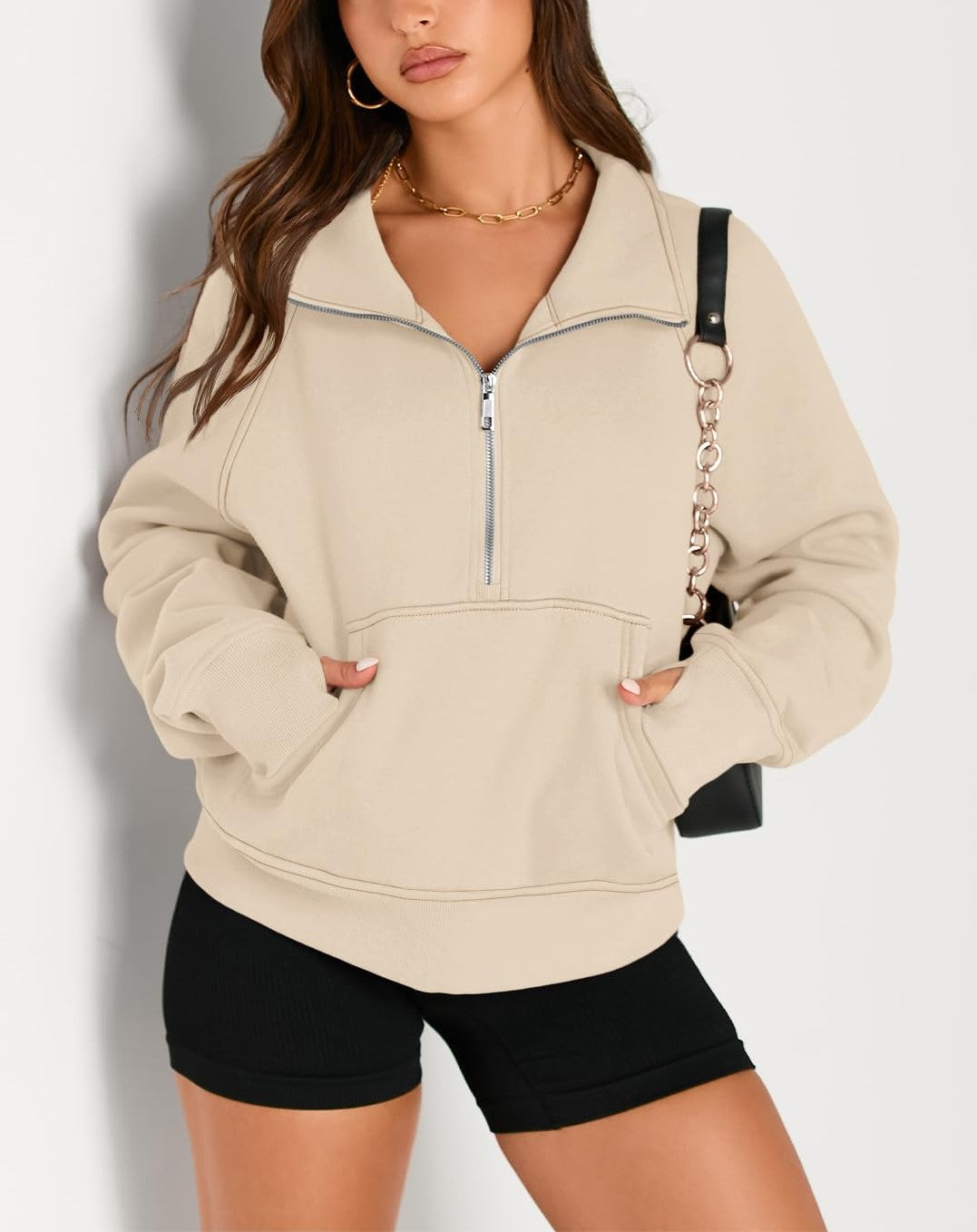 Women's Half Zip Cropped Sweatshirt With Thumb Holes (Buy 2 Free Shipping)