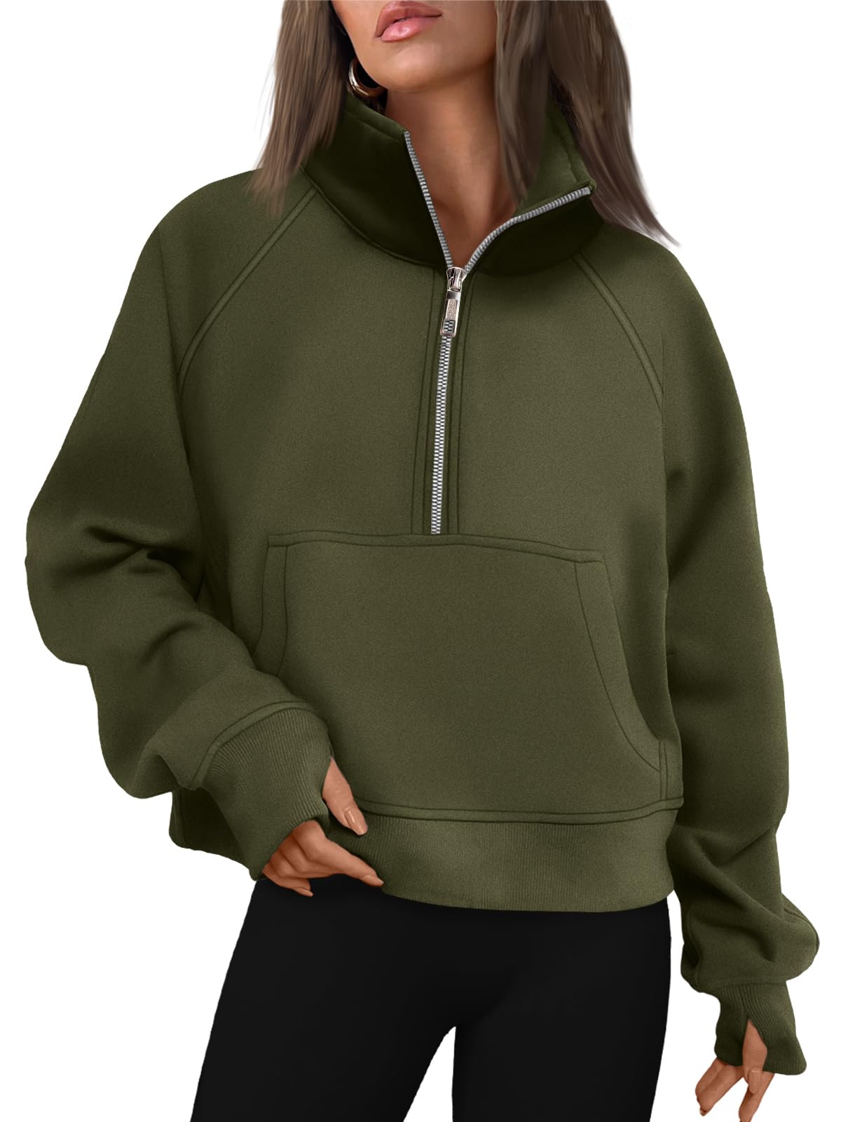 Women's Half Zip Cropped Sweatshirt With Thumb Holes (Buy 2 Free Shipping)