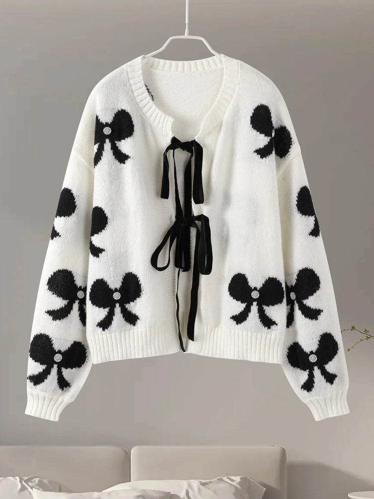 🔥🔥🔥Bow Lace Up Knitted Women Sweater Preppy Hollow Out O-neck Long Sleeve Female Cardigan 2024 Autumn Print Patchwork Lady Knitwear
