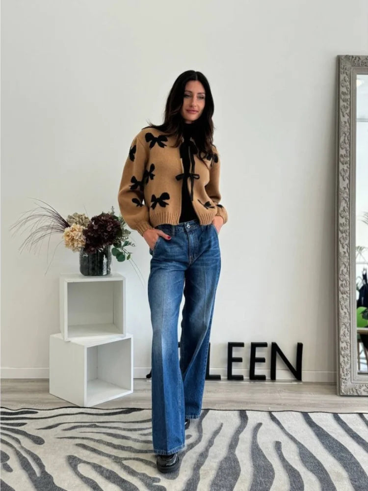 🔥🔥🔥Bow Lace Up Knitted Women Sweater Preppy Hollow Out O-neck Long Sleeve Female Cardigan 2024 Autumn Print Patchwork Lady Knitwear