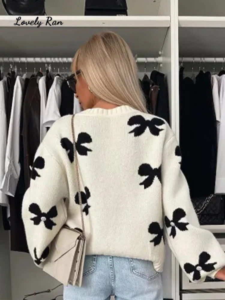 🔥🔥🔥Bow Lace Up Knitted Women Sweater Preppy Hollow Out O-neck Long Sleeve Female Cardigan 2024 Autumn Print Patchwork Lady Knitwear