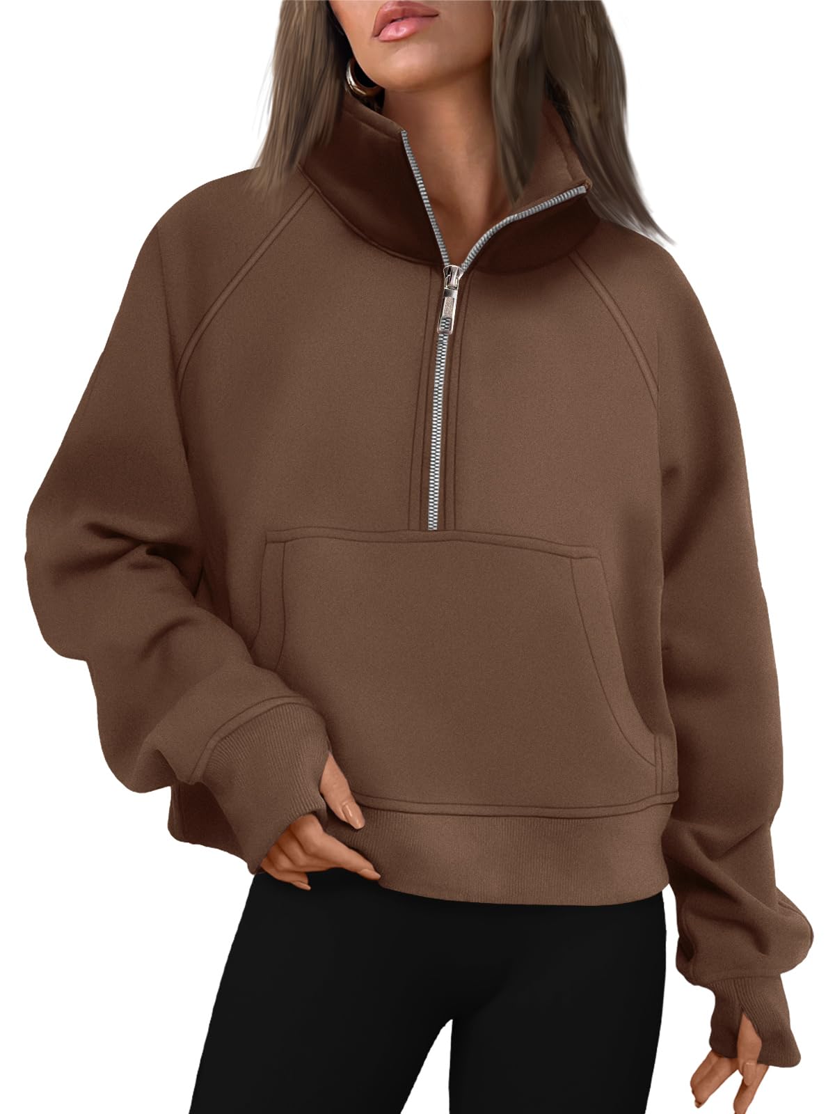 Women's Half Zip Cropped Sweatshirt With Thumb Holes (Buy 2 Free Shipping)