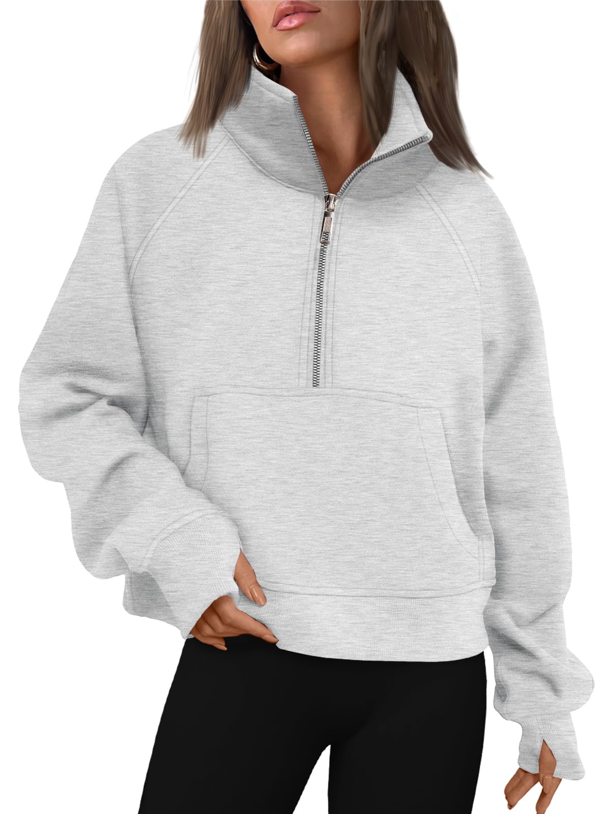 Women's Half Zip Cropped Sweatshirt With Thumb Holes (Buy 2 Free Shipping)