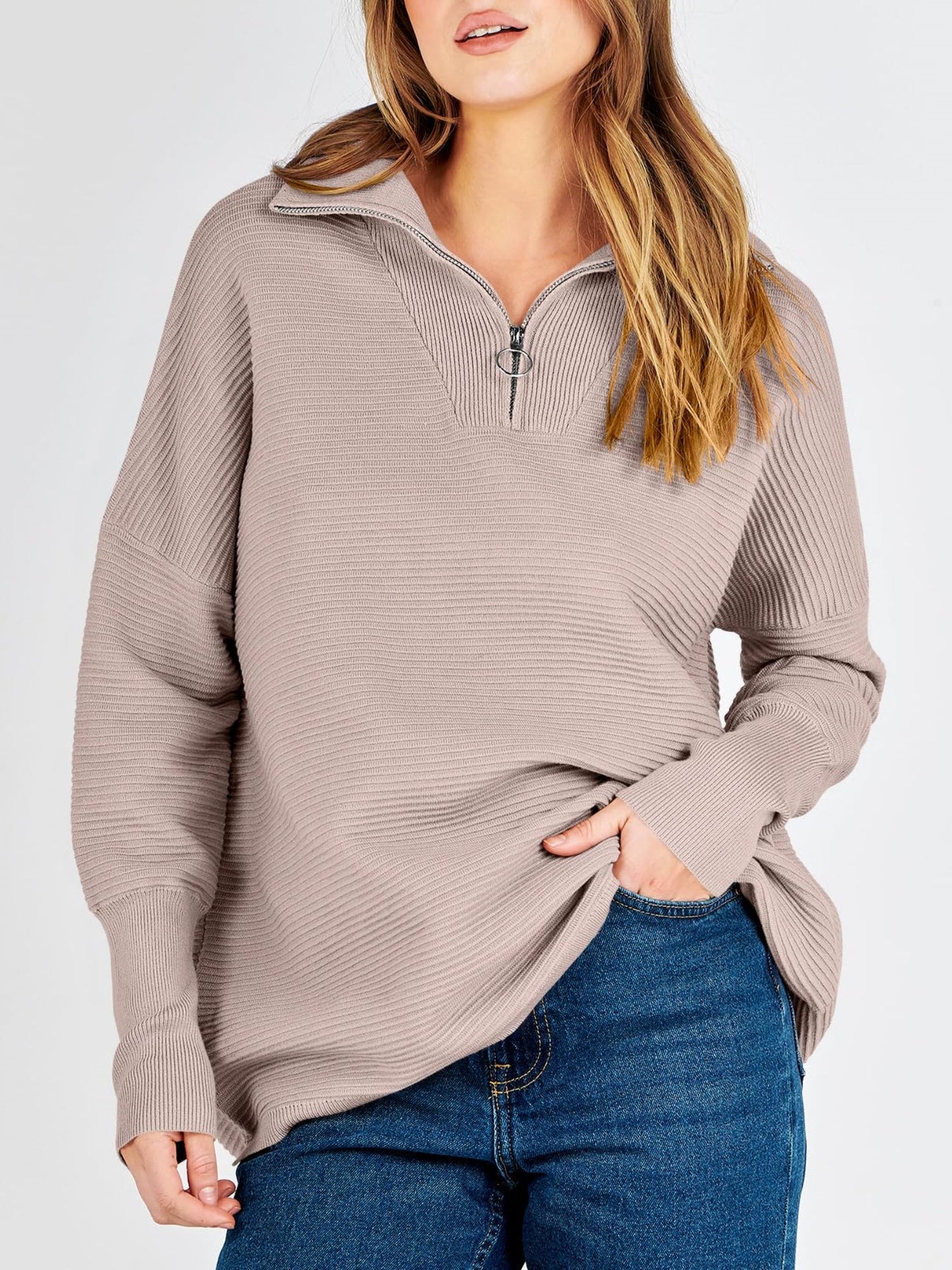 Women's Quarter Zip Rib Knit Cozy Pullover Sweaters  (Buy 2 Free Shipping)