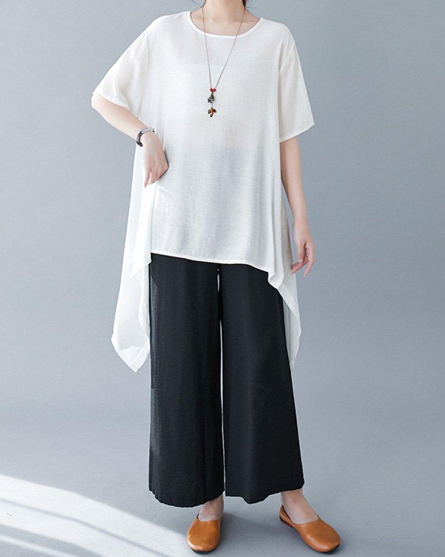 Cotton And Linen Irregular Round Neck Loose Casual Top