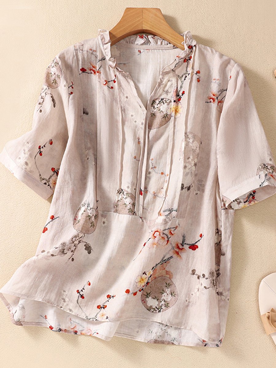 Cotton And Linen Lace Up Fungus Versatile Short Sleeve T-shirt